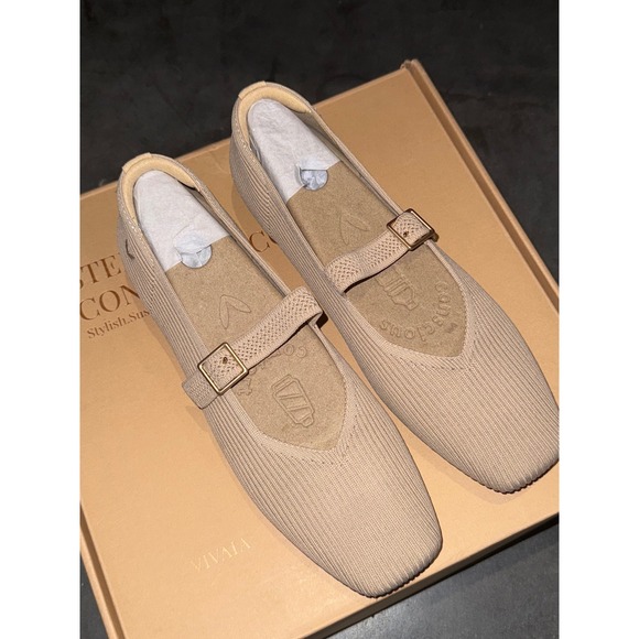 Vivaia Mary Jane Knit Flats Square Toe Buckle Strap Beige Shoes EU/39.5 US/8.5 - Picture 7 of 12